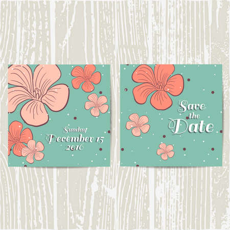 Set of invitations for wedding with hand drawn flowers. Vector illustration.のイラスト素材