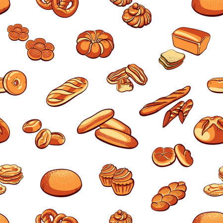 Seamless pattern made from  bread and buns on white background. illustration.のイラスト素材