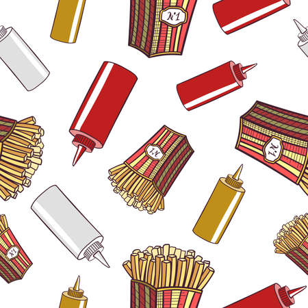 Seamless pattern made from french fries and sauces. illustration.