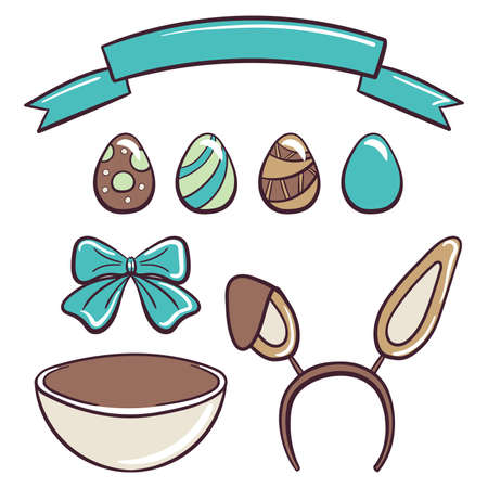 Easter set with hand drawn ribbon, eggs, bow, bowl and rabbit ears. Vector illustration.のイラスト素材