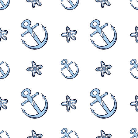 Seamless pattern made from hand drawn blue anchor and starfish on white background. Vector illustration. Can be used for wrapping paper or print on fabric.のイラスト素材
