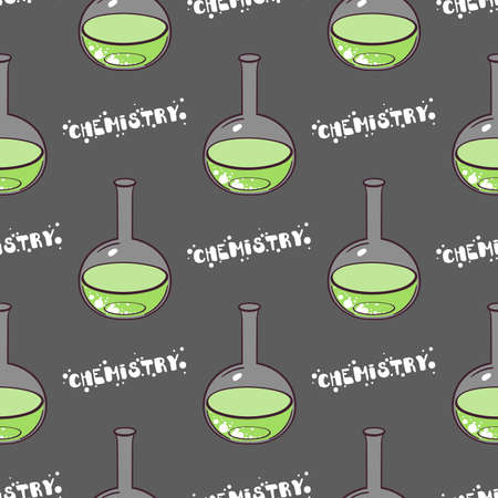 Bright seamless pattern made from hand drawn colored test-tubes and white text Chemistry on gray background.のイラスト素材