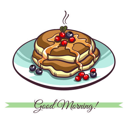 Hand drawn pancakes with syrup and berries on a plate. Pancakes in cartoon style isolated on white background. Vector illustration.のイラスト素材