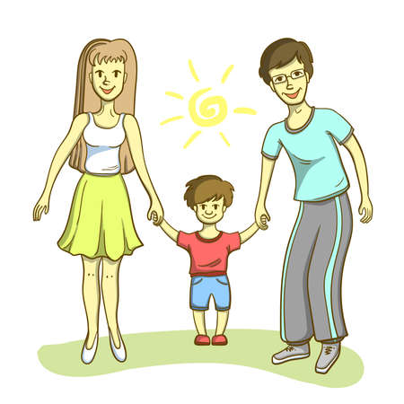 Hand drawn happy family. Mother, father and boy are holding hands. Happy family in summer day.のイラスト素材