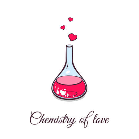 Hand drawn pink beaker with hearts on white background. Chemistry of love. Vector illustration.のイラスト素材