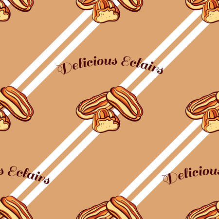 Seamless pattern made from hand drawn eclairs and text on brown background. Vector illustration.のイラスト素材