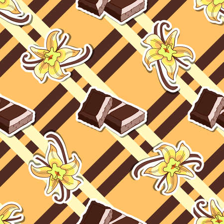 Seamless pattern made from hand drawn chocolate and vanilla on striped background. Vector illustration.のイラスト素材