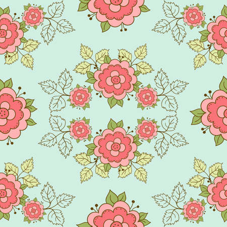 Seamless pattern with hand drawn pink roses and green leaves. Doodle design. Vector illustration.
