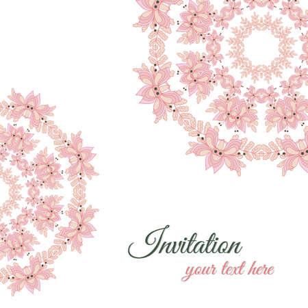 Invitation with mandala made from hand drawn flowers. Vector illustration.のイラスト素材