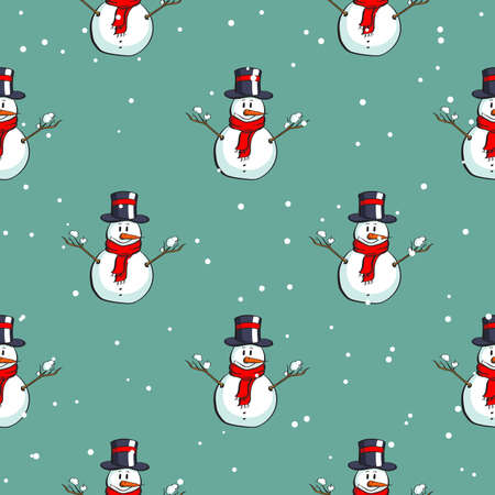 Seamless pattern made from hand drawn snowmen on snowy background. Vector illustration.のイラスト素材