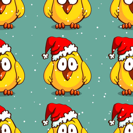 Seamless pattern made from funny cartoon chicken in santas hat on snowy background. Vector illustrationのイラスト素材