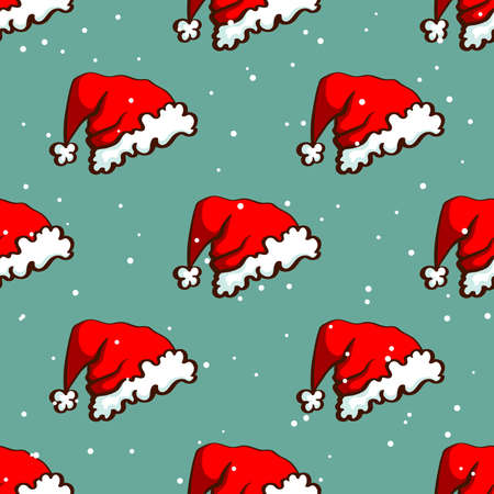 Christmas seamless pattern made from cartoon santas hats on snowy background. Vector illustrationのイラスト素材