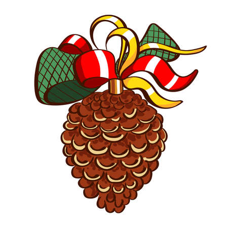 Christmas decoration. Hand drawn pine cone with bow ioslated on white background. Vector illustrationのイラスト素材