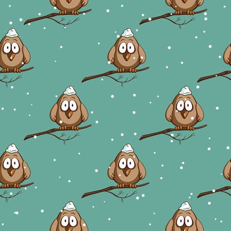 Seamless pattern made from funny cartoon sparrows on snowy background. Vector illustrationのイラスト素材