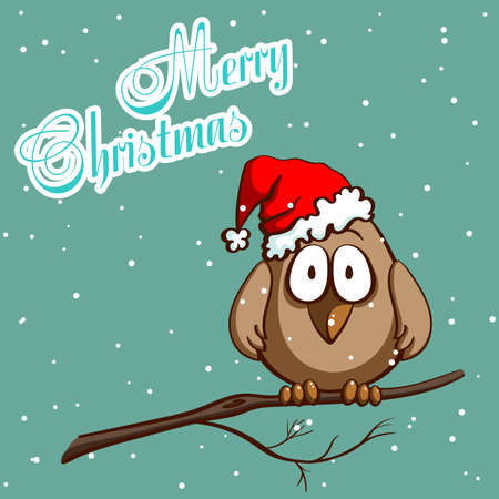 Greeting card with funny cartoon sparrow in santas hat on snowy background. Vector illustrationのイラスト素材