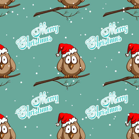 Seamless pattern made from funny cartoon sparrows in santas hat on snowy background. Vector illustrationのイラスト素材