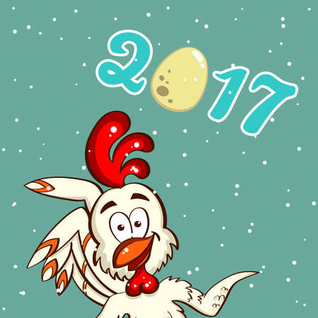 Greeting card with funny cartoon chick on snowy background. Vector illustrationのイラスト素材