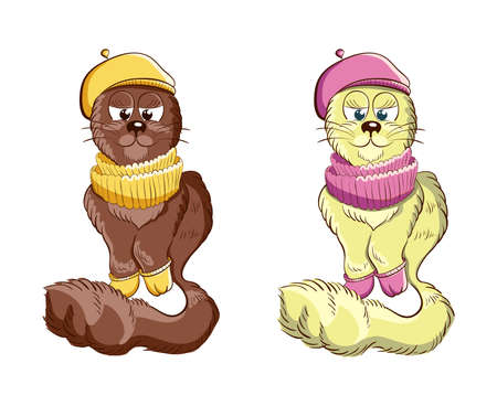 Cute cartoon cats in different color variants. Glamour kitties. Vector illustrationのイラスト素材
