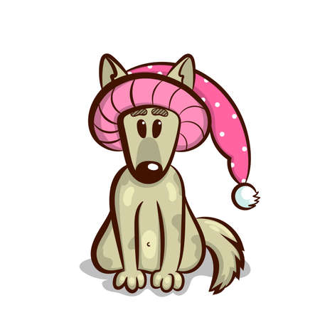 Cute bull terrier puppy in funny pink hat isolated on white background. Vector illustrationのイラスト素材