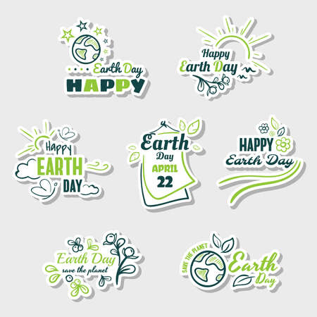 Set of green stickers with hand drawn elements for Earth dayのイラスト素材