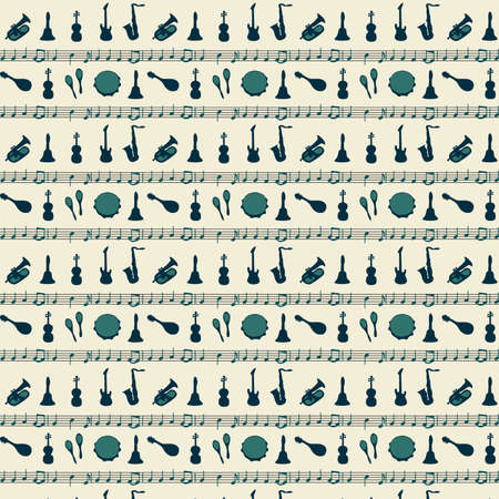 Vector seamless pattern with musical instruments and notes in warm colorsのイラスト素材
