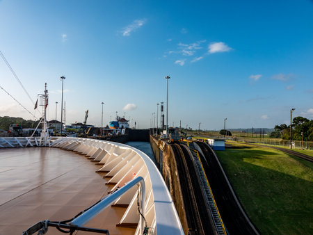 entering lock one of panama canal atlantic side.の写真素材