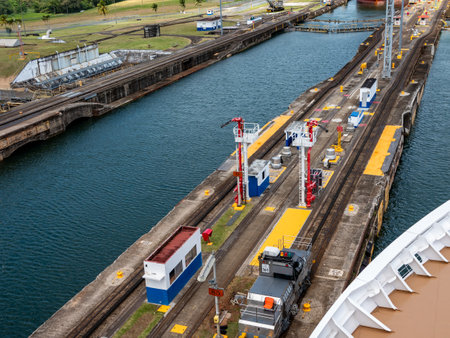 fire towers at lock entrance to Panama Canalの写真素材