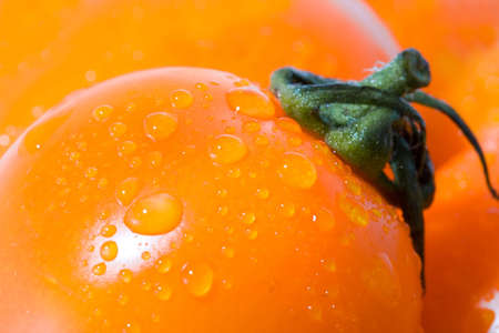 closeup macro red cherry tomato with green shank, drops of waterの写真素材