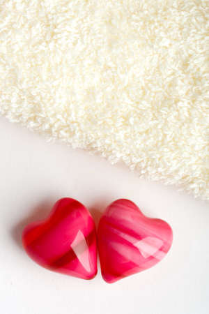 two hearts with towel, copy space for the textの写真素材