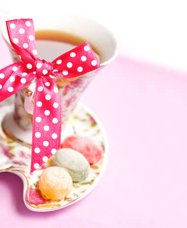 cup of tea with bow, copy space for the textの写真素材