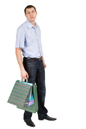 man with shopping bags isolated on whiteの写真素材