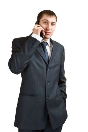 businessman calling by phone isolated on whiteの写真素材