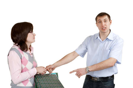 dissatisfied man and his girlfriend on white backgroundの写真素材