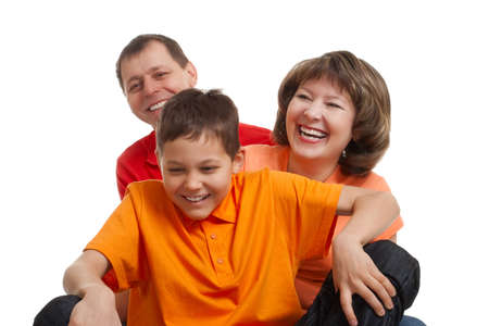 joyful family studio portrait on whiteの写真素材
