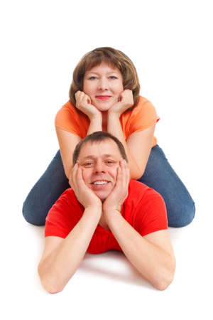 joyful couple studio shot isolated on white backgroundの写真素材