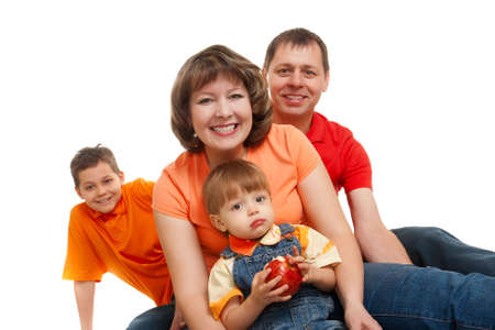 happy family with two boys on white backgroundの写真素材