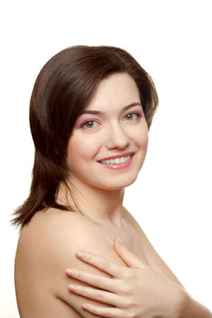 smiling woman portrait over whiteの写真素材