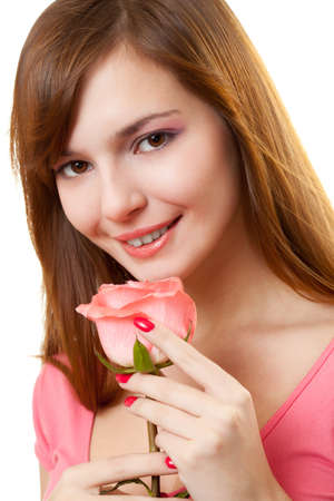 closeup woman portrait with rose over whiteの写真素材