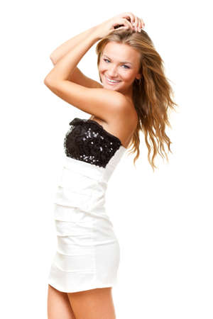 woman wearing black and white dress portraitの写真素材