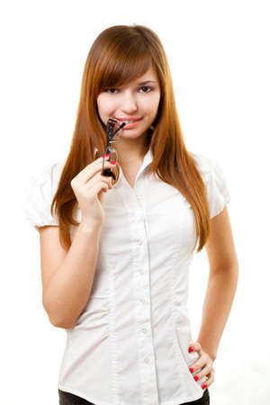 happy woman portrait with glasses over whiteの写真素材