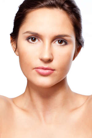 beautiful woman closeup portrait over whiteの写真素材
