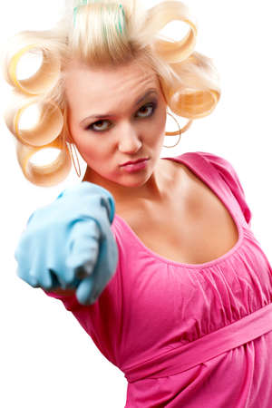 housewife portrait wearing blue gloves over whiteの写真素材