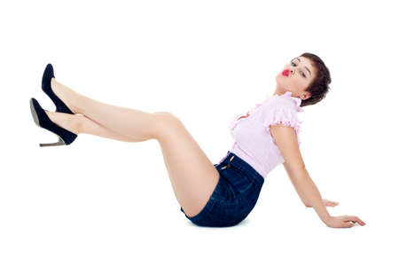 pinup style attractive woman portrait over whiteの写真素材