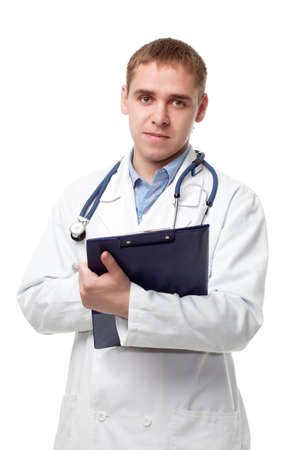 smiling man doctor with stethoscope over whiteの写真素材