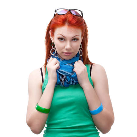 red haired girl showing gesture over whiteの写真素材