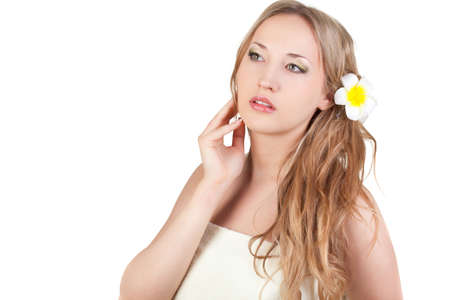beautiful blond woman wearing towel , spa style over whiteの写真素材