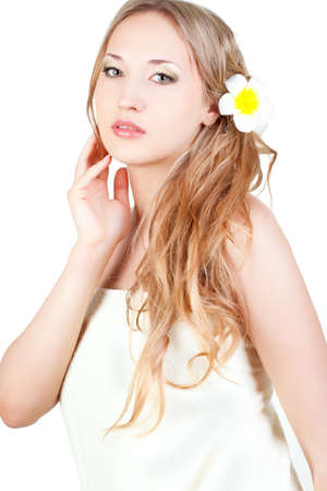 beautiful blond woman wearing towel , spa style over whiteの写真素材
