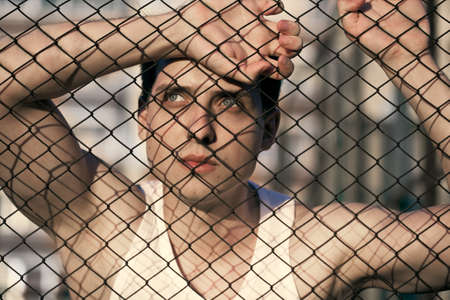 closeup man face portrait outdoorsの写真素材