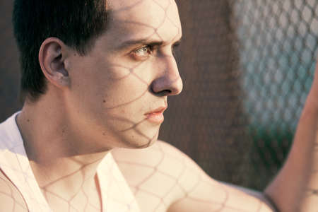 closeup man face portrait outdoorsの写真素材