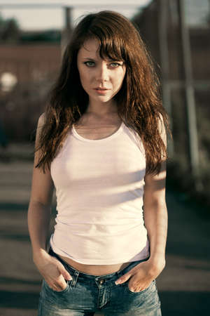 outdoor red-haired beautiful woman portraitの写真素材